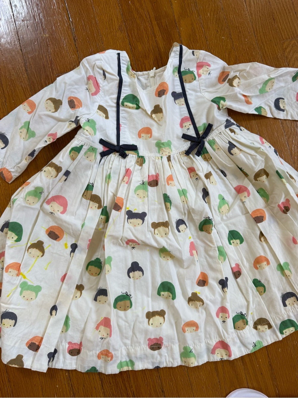 Pink Chicken White Cotton Dress with Multicolor Faces Print and Navy Trim